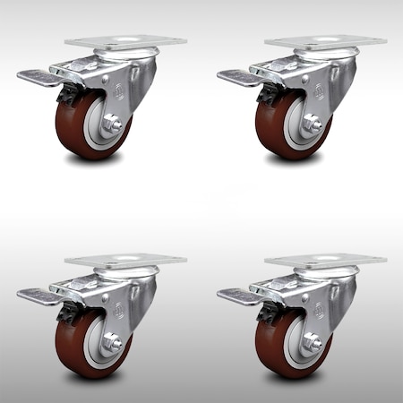 Service Caster 3.5 Inch SS Maroon Polyurethane Top Plate Caster Set Total Lock Brake SCC SCC-SSTTL20S3514-PPUB-MRN-4